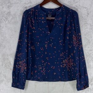 GAP Navy with Floral Print Split Neck Puffed Long Sleeve Popover Top Size Small